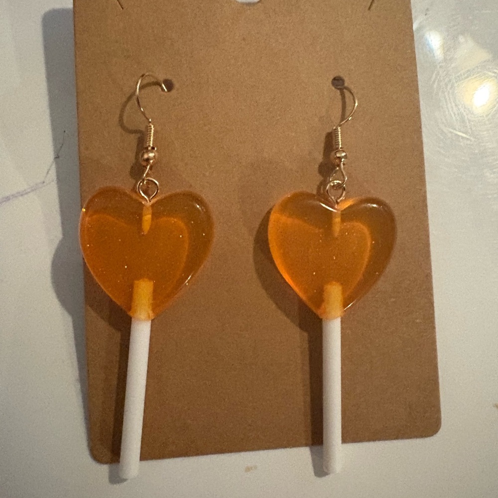 88- Heart-Shaped Orange Lollipop Earrings